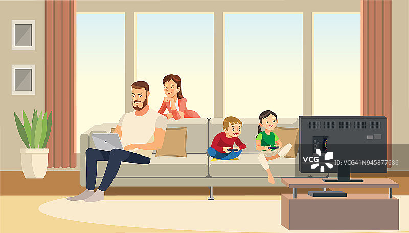 家人在家里。母亲关心父亲。孩子们在玩游戏机。向量卡通人物。图片素材