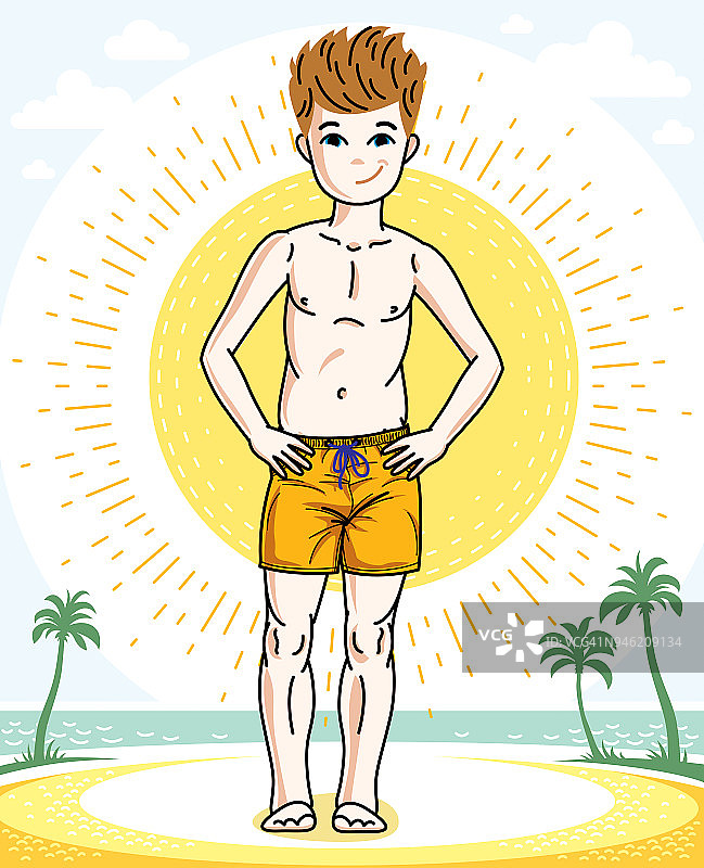 孩子年轻的男孩可爱的站在五颜六色的时尚沙滩短裤。矢量插图。时尚生活主题卡通。图片素材