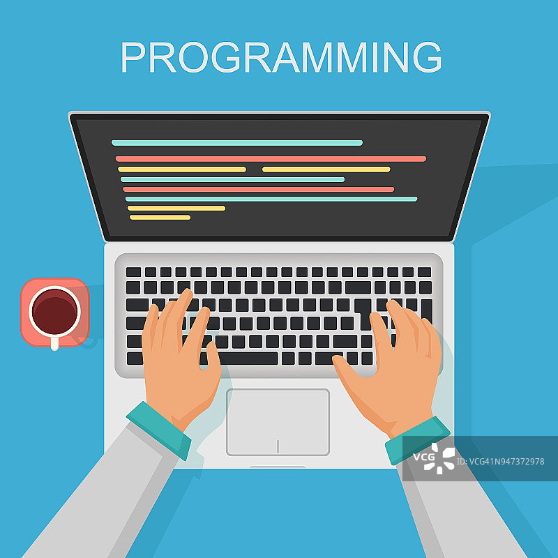 矢量编程，编码web开发概念。程序员俯视图与屏幕代码。图片素材