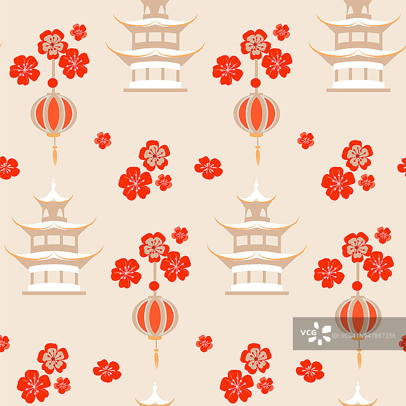 米色瓷器无缝图案樱花和宝塔。图片素材