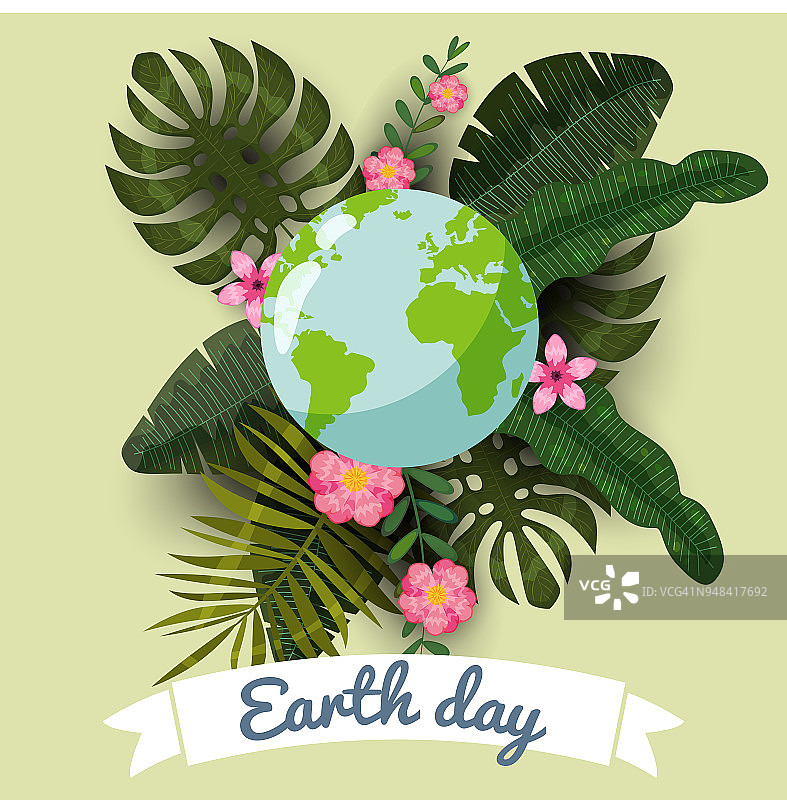 地球日，行星在一个程式化的热带树叶和花，矢量，卡通风格，插图，孤立图片素材