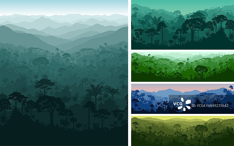 一套矢量水平无缝热带雨林丛林背景图片素材