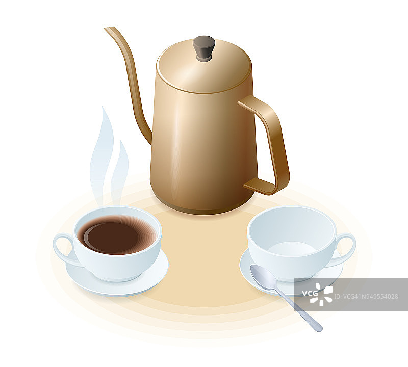 平面等距插图的咖啡壶和瓷杯。图片素材