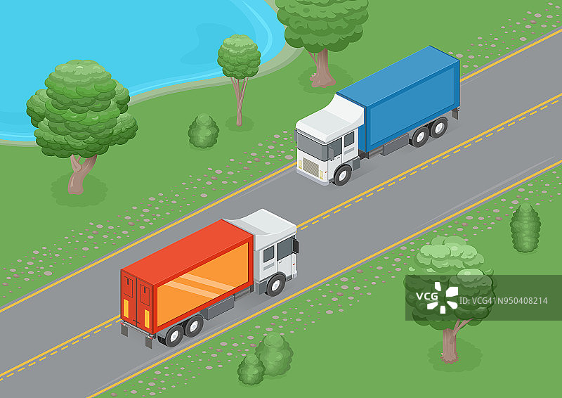 在夏天的道路。两辆装着集装箱的卡车在高速公路上行驶。图片素材