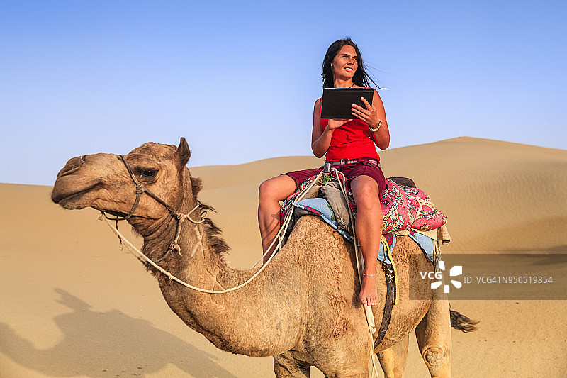 印度拉贾斯坦邦，年轻女性游客在骆驼上使用数字平板电脑图片素材