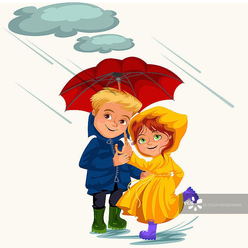 家庭夫妻在雨中带着雨伞双手行走，雨滴滴成水坑，男人和女人穿防水夹克胶靴，情侣在雨云下相爱矢量插画图片素材