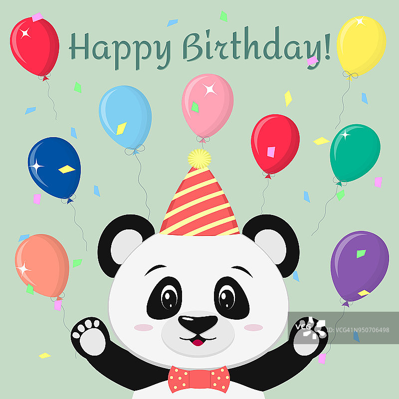 一只可爱的熊猫戴着蝴蝶帽，打着领带，双臂高举，以卡通风格的气球为背景图片素材