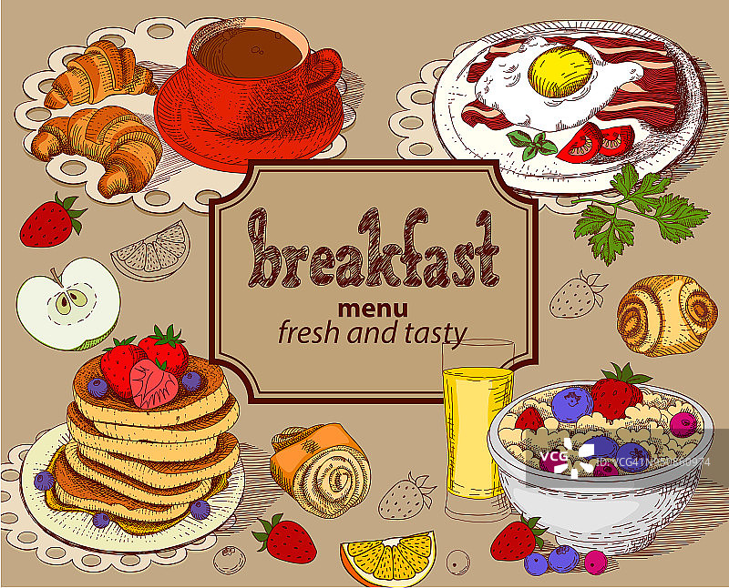 彩色素描早餐菜单。图片素材