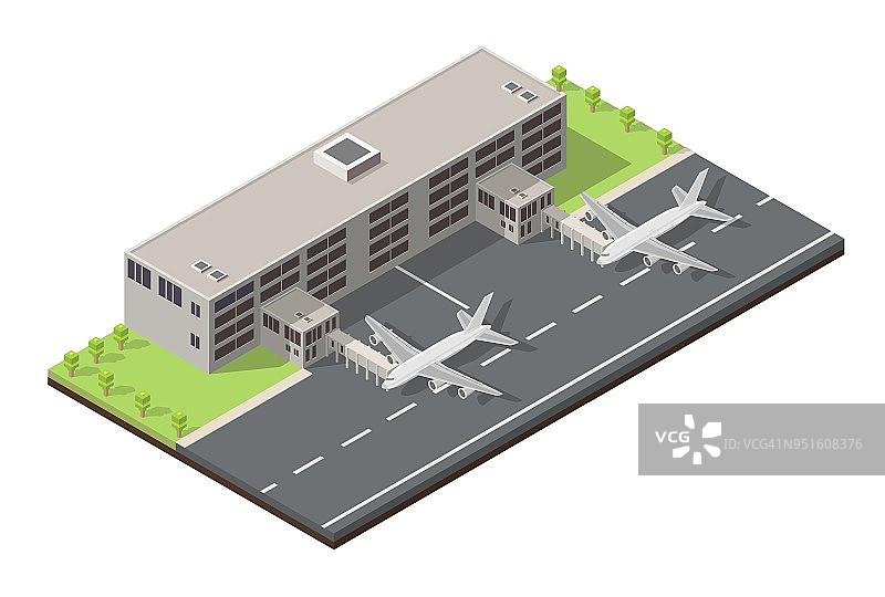 等距低聚机场航站楼。国际到达离港矢量图飞机。图片素材