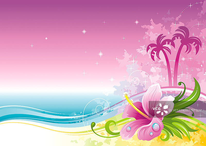 海滩海海报景观，夏威夷夏威夷宴会。水彩木槿花矢量插图。夏威夷设计，暑假度假横幅。度假热带岛屿，棕榈树旅游的标志图片素材