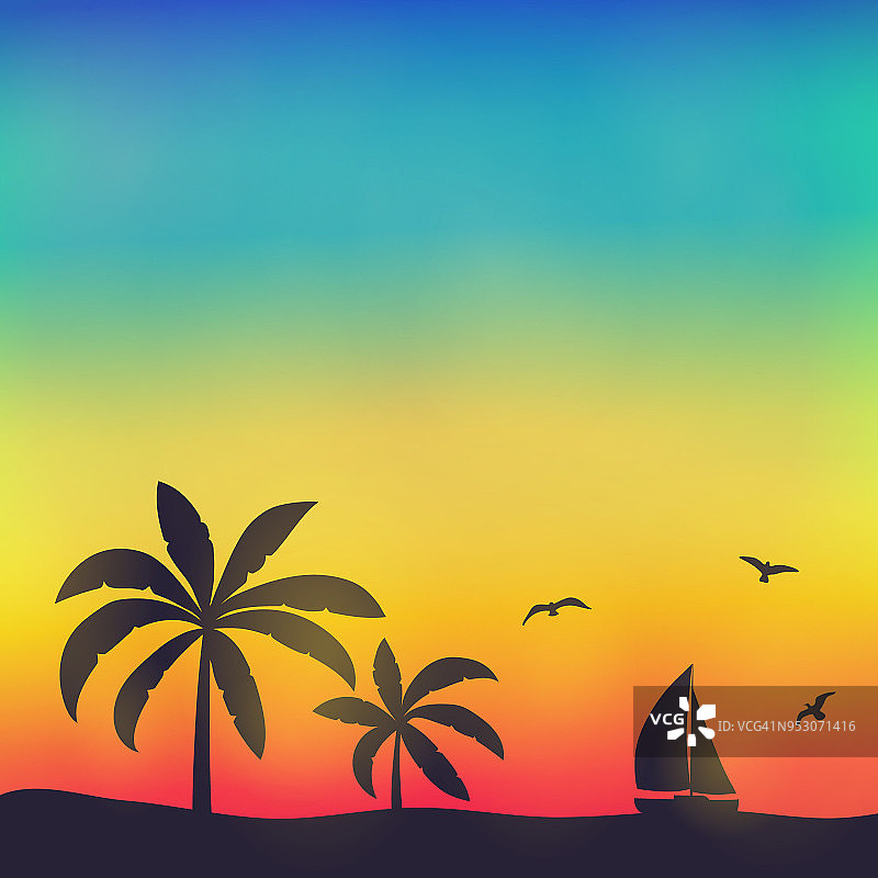 热带天堂-夏季海报与棕榈树和copyspace。向量。图片素材