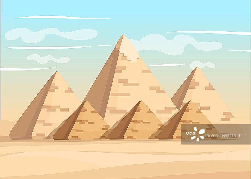 吉萨金字塔复杂的白天埃及金字塔世界奇观，伟大的吉萨金字塔矢量插图图片素材