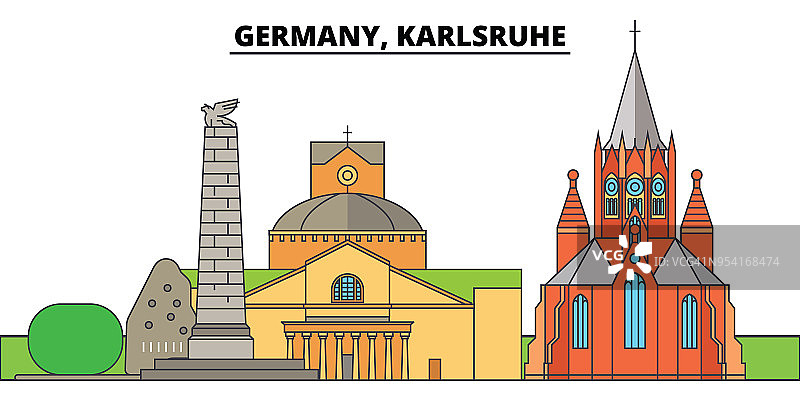 德国卡尔斯鲁厄。城市天际线，建筑，建筑，街道，剪影，景观，全景，地标。可编辑的中风。平面设计线矢量插图概念。孤立的图标图片素材