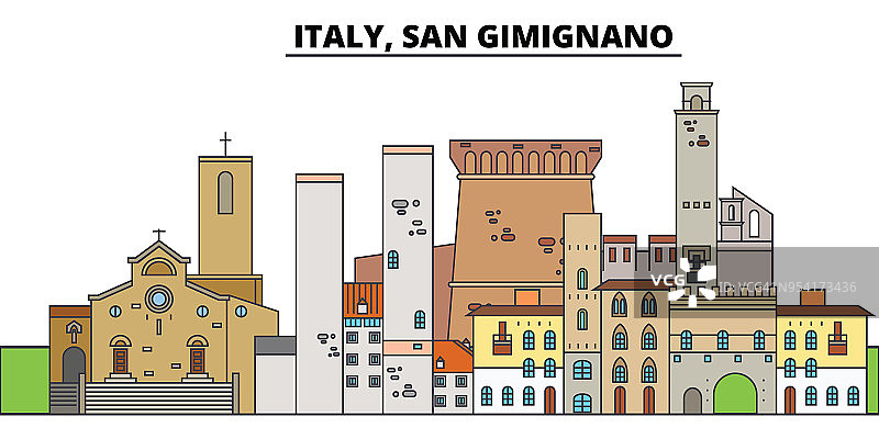 意大利圣Gimignano。城市天际线，建筑，建筑，街道，剪影，景观，全景，地标。可编辑的中风。平面设计线矢量插图概念。孤立的图标图片素材