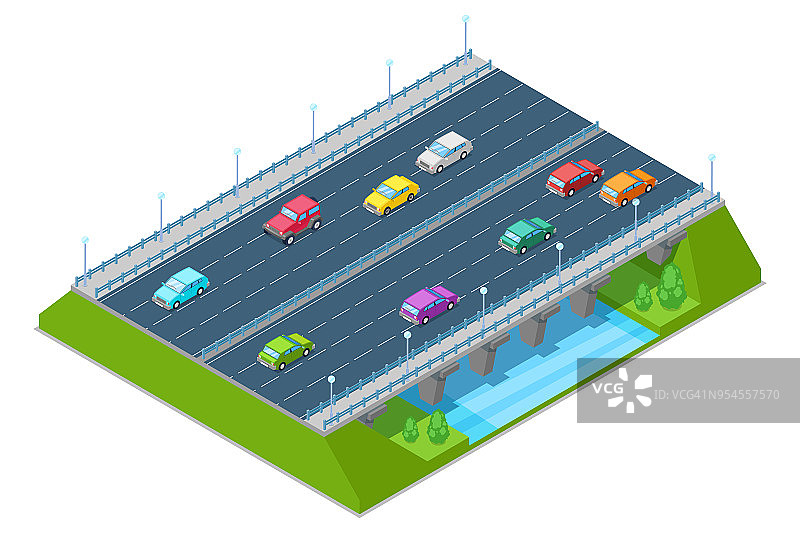 公路公路桥过河，矢量等距3D图。交通和道路建设概念图片素材