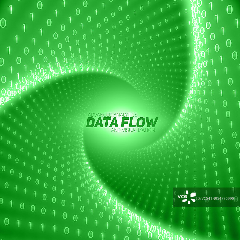 矢量数据流可视化。绿流大数据作为二进制数字串在隧道中扭曲。信息代码表示。密码分析。比特币区块链转移。流的代码图片素材