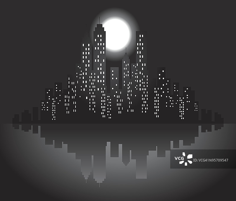 城市天际线与月亮，夜晚星星剪影插图图片素材