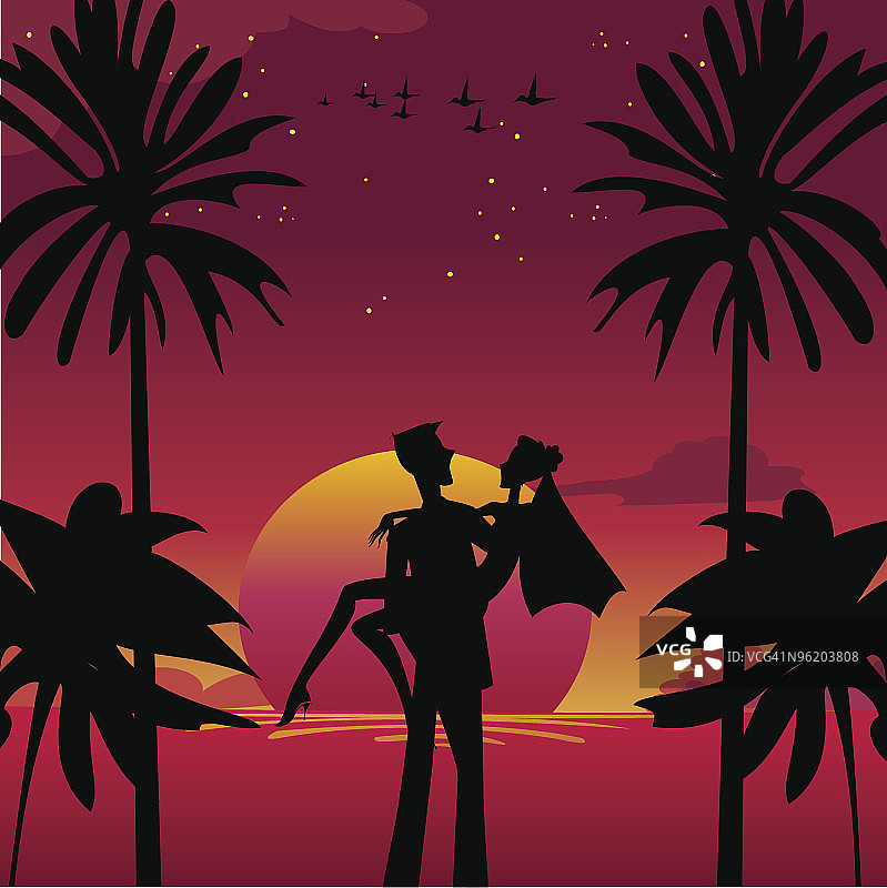 新娘和新郎在浪漫的热带之夜图片素材