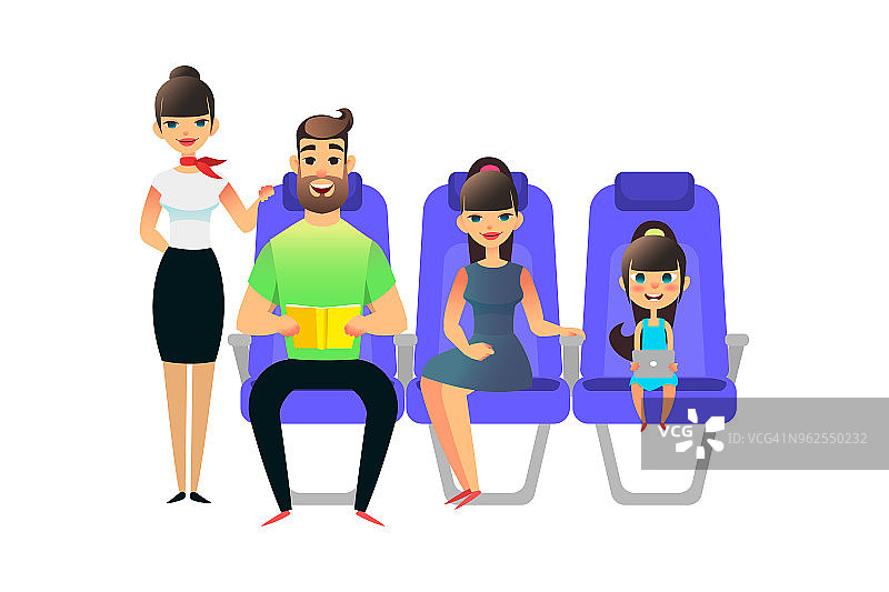 快乐卡通家庭旅行。旅客和飞机上的乘客。男人，女人和女孩坐在扶手椅上。父亲拿着书，笑嘻嘻拿着小玩意儿图片素材