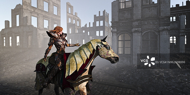 末日毁灭的城市，有马和穿着幻想盔甲的女骑手图片素材
