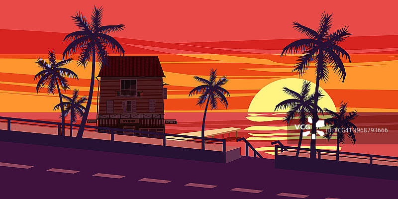日落，海洋，傍晚，棕榈树海边，矢量，插图，孤立，卡通风格图片素材