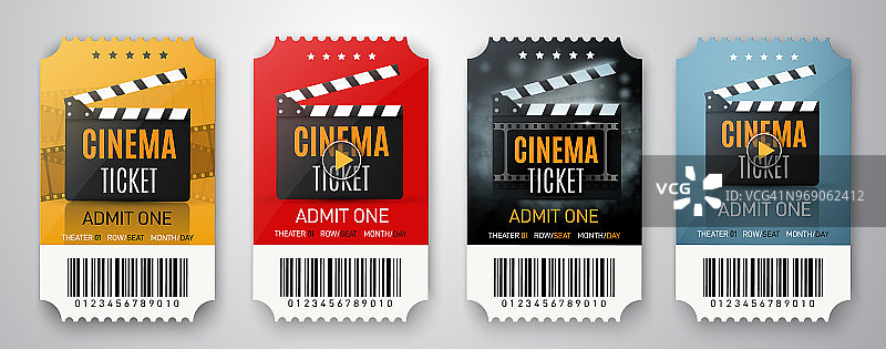 收集三张电影票孤立在白色。电影海报或传单。矢量图图片素材