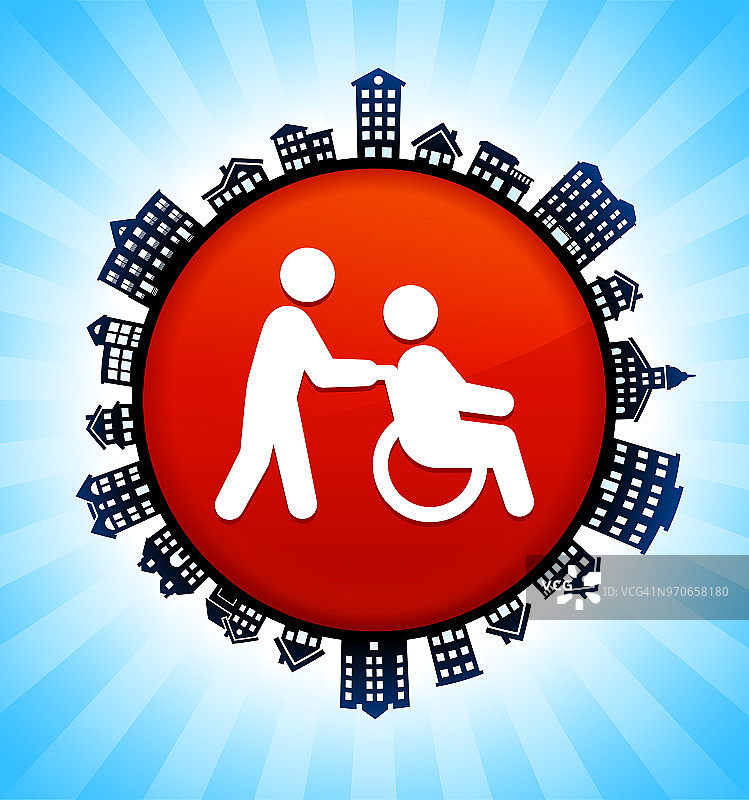 轮椅护理在农村城市景观天际线背景图片素材