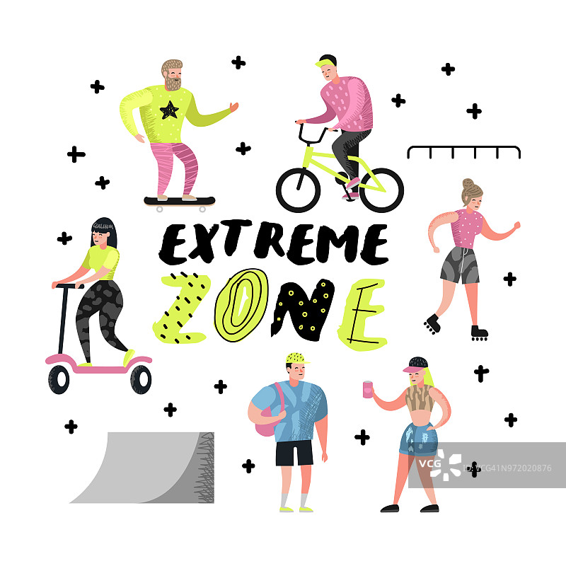 极限运动漫画。青少年玩滑板，男人骑自行车，女孩滚动。积极的人物，人们在户外玩。矢量图图片素材