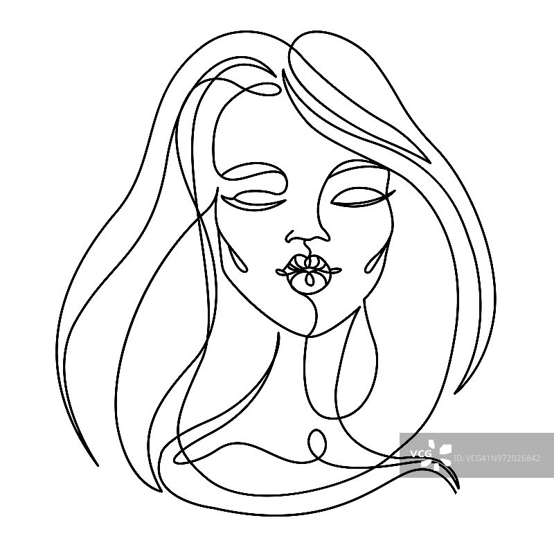 幸福的女人亲吻一线艺术肖像。快乐的女性面部表情。手绘线性女人剪影。矢量图图片素材