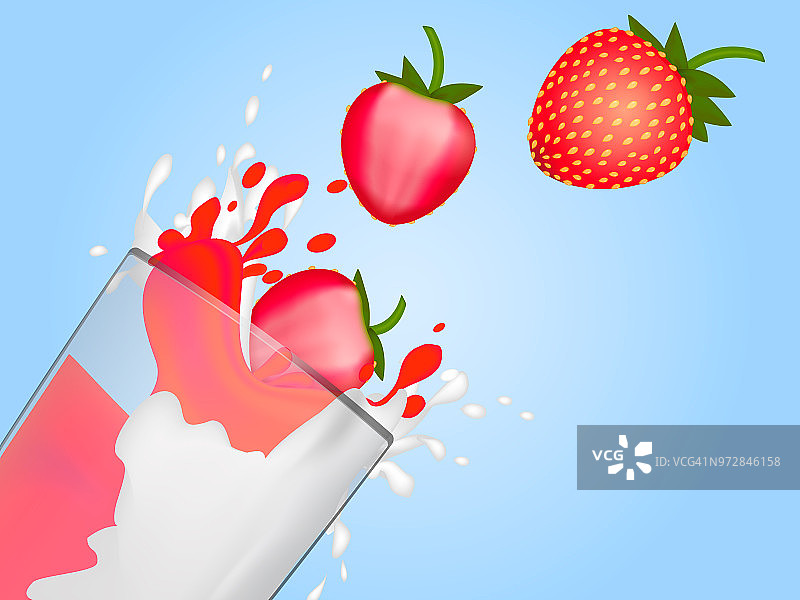 很多草莓在牛奶中溅在玻璃杯中。草莓冰沙。矢量插图。图片素材