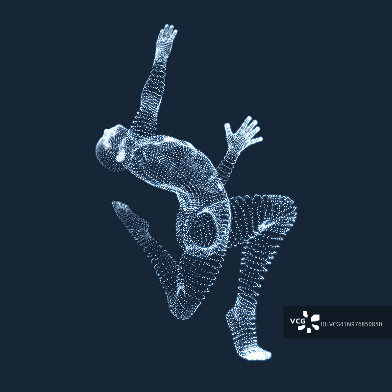 体操运动员。三维人体模型。图标健康健身社区的体操活动。由粒子组成的矢量图形。图片素材