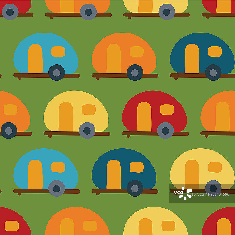 大篷车无缝矢量模式上的绿色背景。图片素材