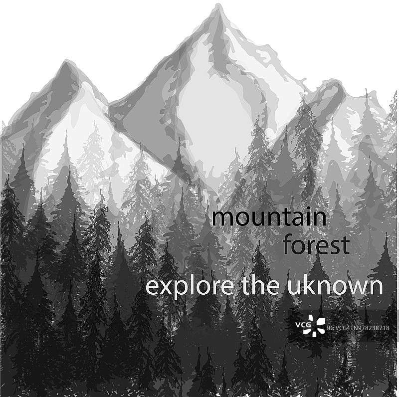 森林和山脉在灰色的阴影中。图片素材