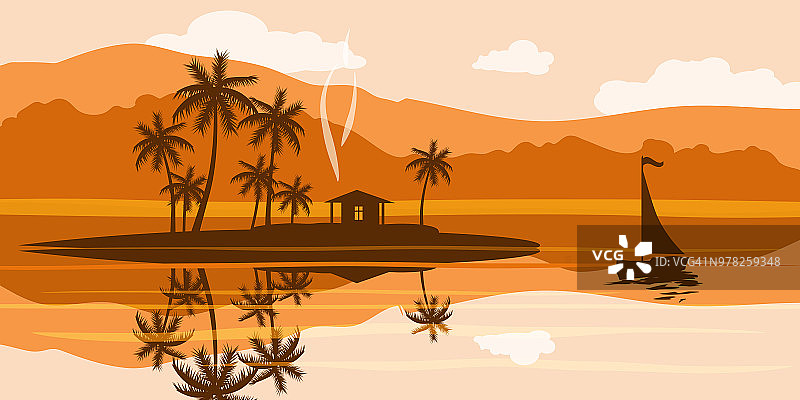 海景，帆船，棕榈树，矢量插图，卡通风格，孤立图片素材