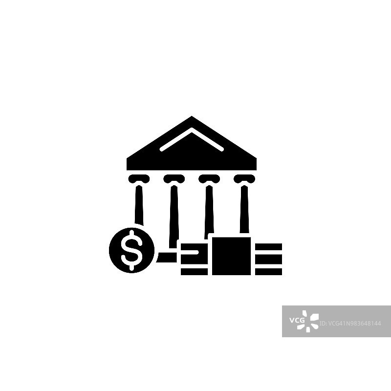 货币市场黑色图标概念。货币市场平矢符号、符号、插图。图片素材