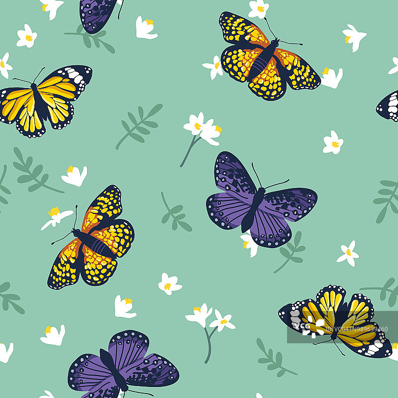矢量无缝模式与明亮的蝴蝶，叶子和花。手绘纹理设计图片素材