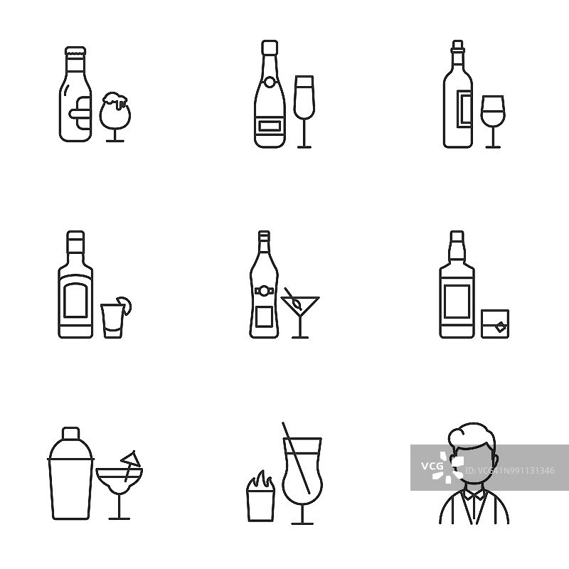 酒精饮料矢量图标设置轮廓样式图片素材