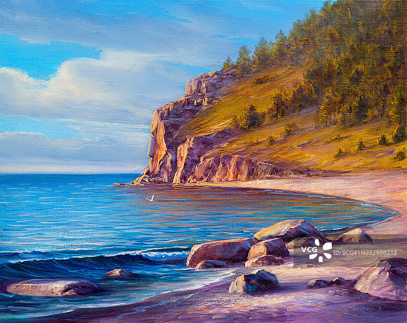 多岩石的海岸。画在画布上图片素材