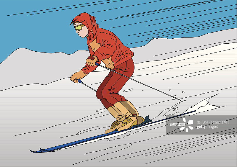 画一个年轻的成年人滑雪，插图图片素材