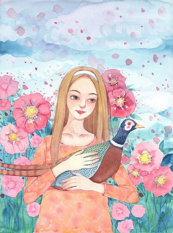 365唯美水彩插画系列-抱着野鸡的女孩下载