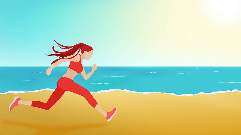 年轻女人海边跑步图片素材