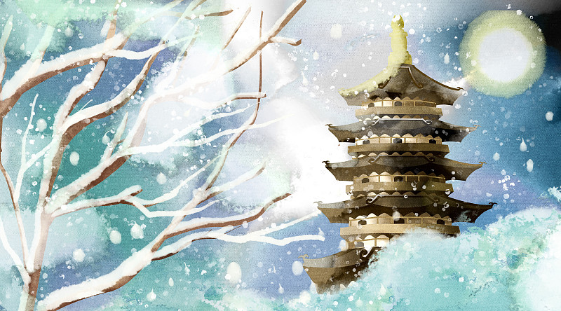水彩水墨古风风景系列之杭州西湖雷峰塔冬天图片素材