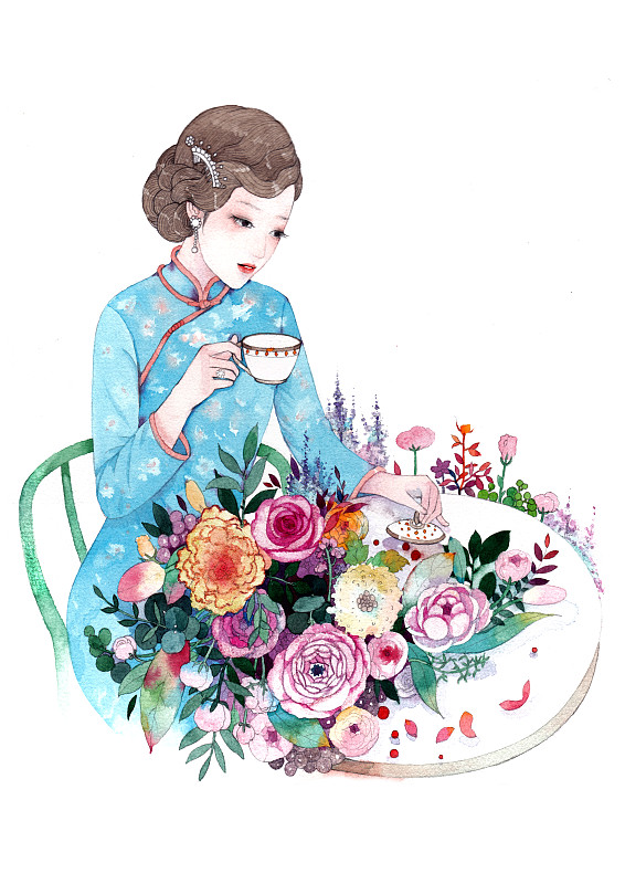 民国旗袍美女花园喝咖啡图片素材