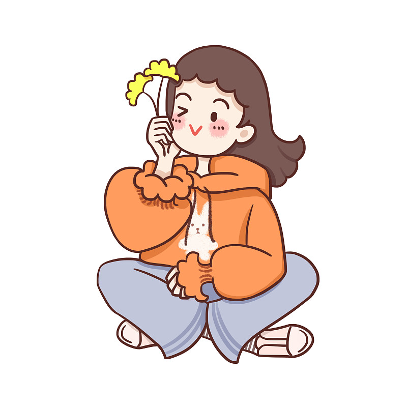 可爱女孩与银杏叶插画图片