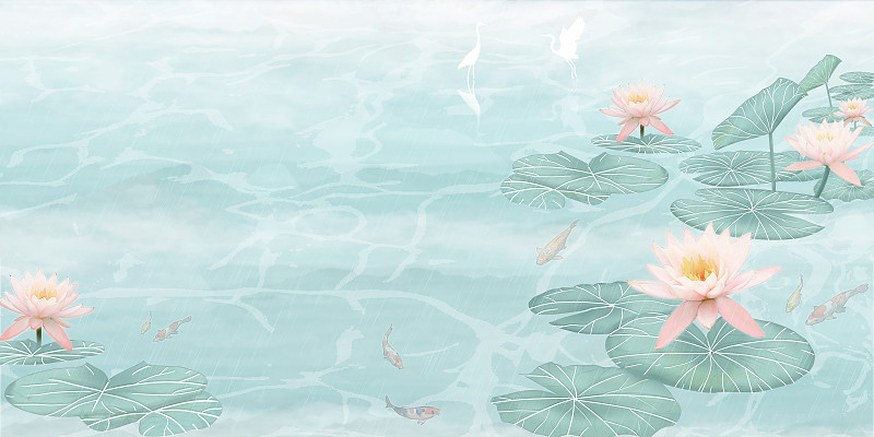 下雨天荷花在池塘里绽放锦鲤在游泳中国风工笔画海报背景插画下载
