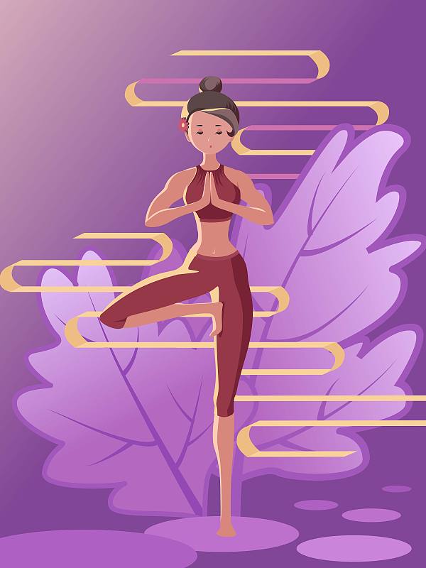 女人瑜伽平衡训练紫色背景矢量图下载