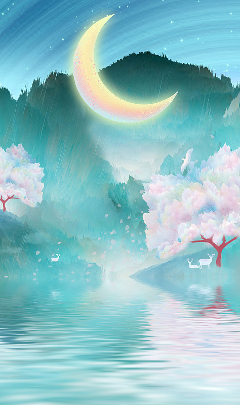 夏天星空下月亮遗落在森林，仙鹤在美丽仙境湖泊中飞舞插画背景下载