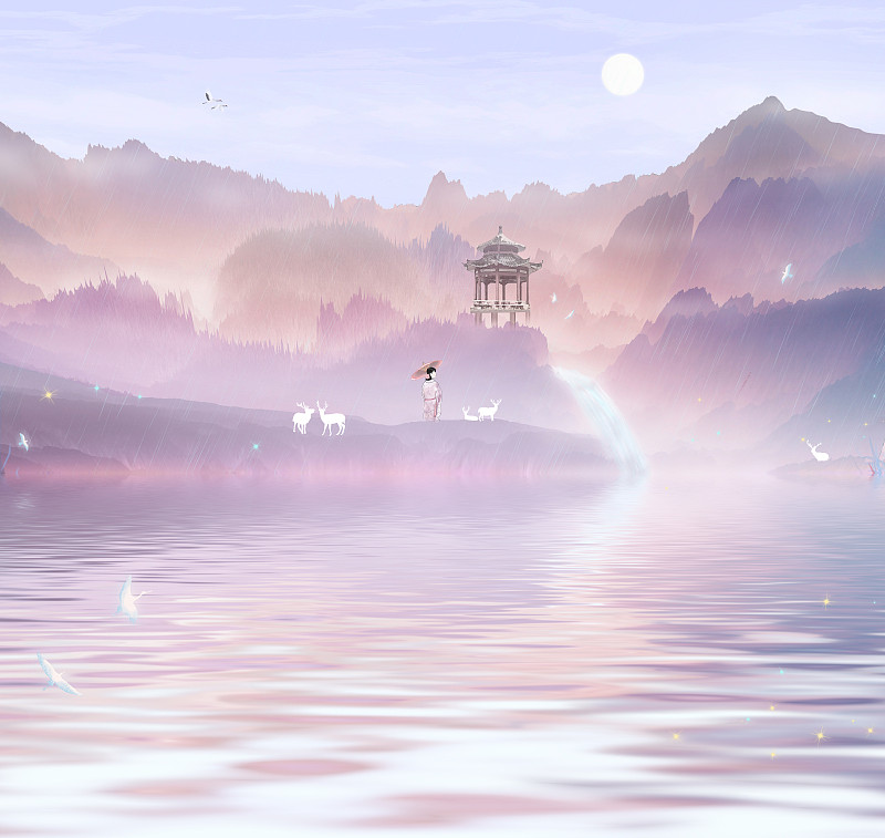 早晨太阳升起，瀑布从山上流下汇入平静的湖泊里中国风插图背景图片下载