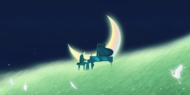 夏天夜晚月亮躺在草坪上，音乐人在草坪弹奏钢琴插画背景海报图片