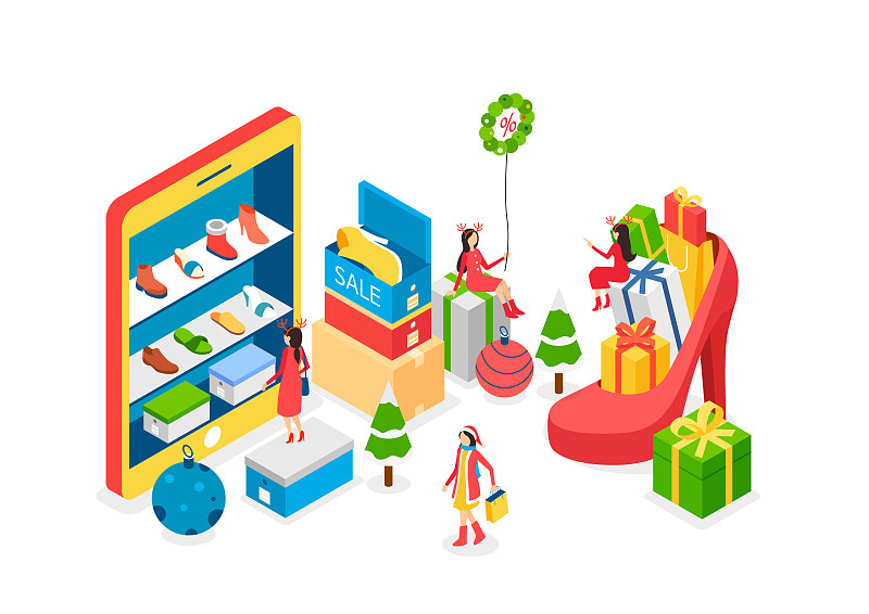 采购产品圣诞节，新年，商业活动，购物，销售，礼物，等距，圣诞装饰，数码平板电脑，拖鞋，租赁图片下载